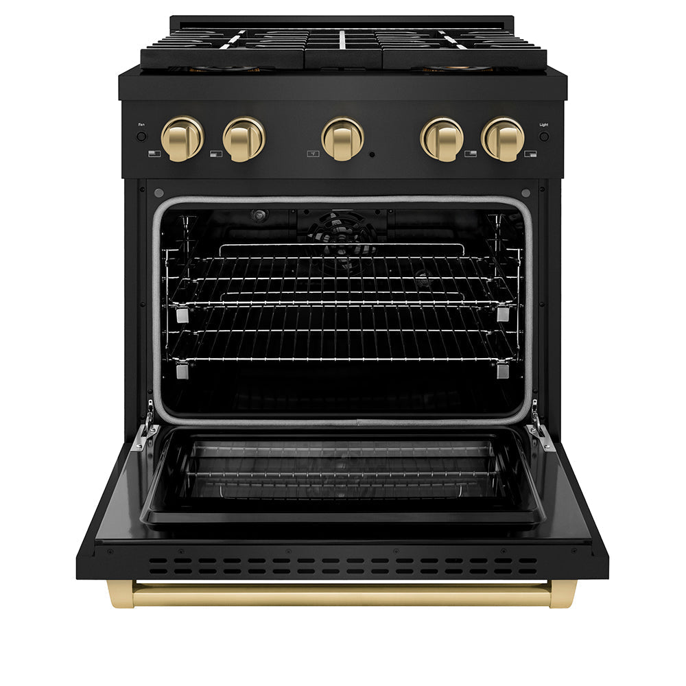 ZLINE Autograph Edition 30 in. 4.2 cu. ft. Paramount Dual Fuel Range with 4 Burner DuoProâ„¢ Cooktop and Electric Convection Oven in Black Stainless Steel and Champagne Bronze Accents (PSDRBZ-30-CB)