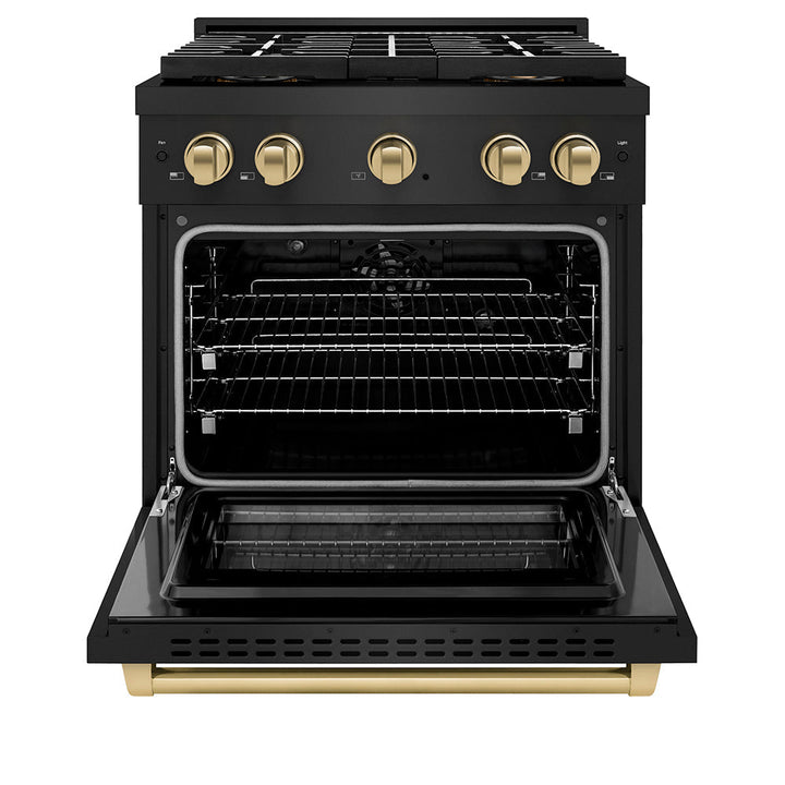 ZLINE Autograph Edition 30 in. 4.2 cu. ft. Paramount Dual Fuel Range with 4 Burner DuoProâ„¢ Cooktop and Electric Convection Oven in Black Stainless Steel and Champagne Bronze Accents (PSDRBZ-30-CB)