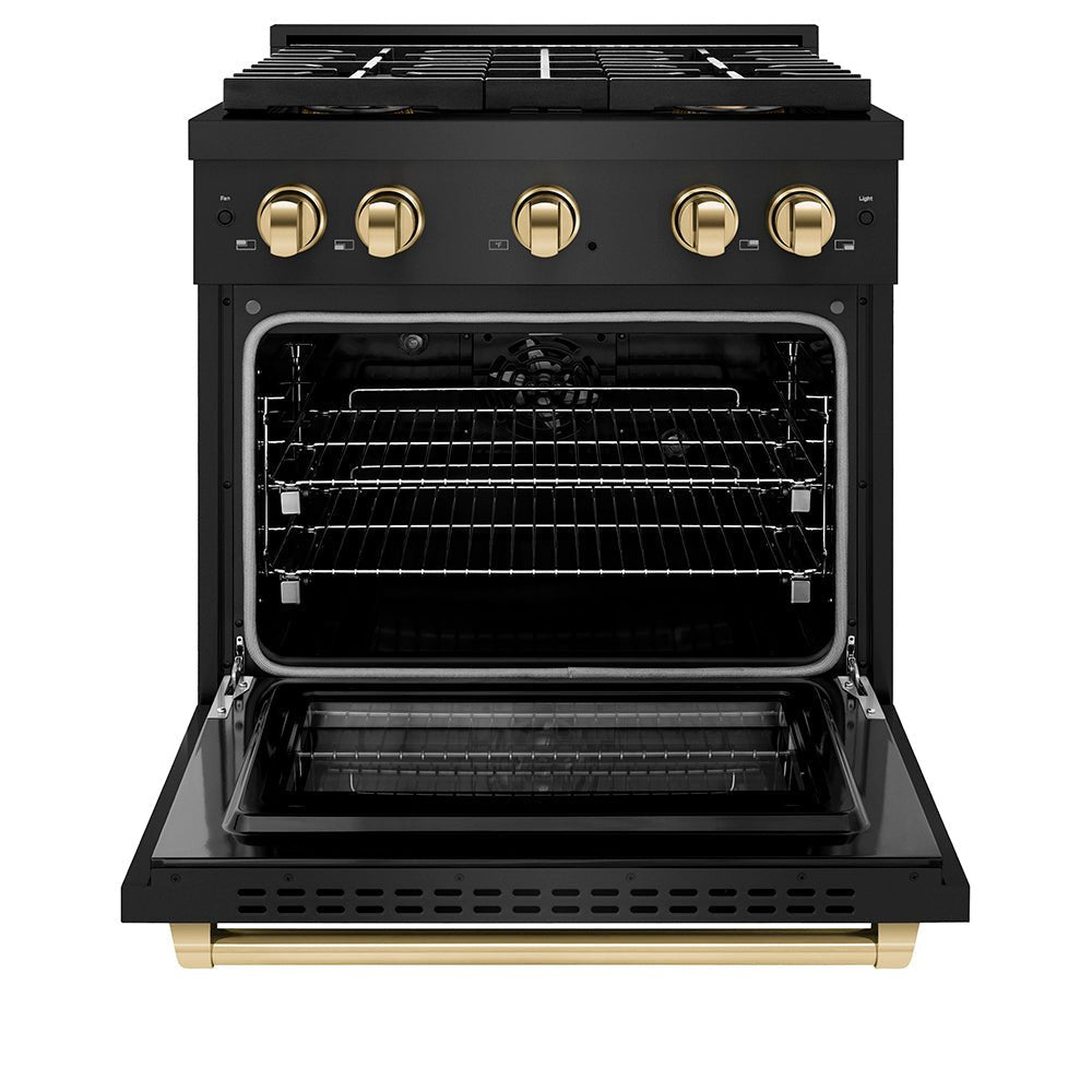 ZLINE Autograph Edition 30 in. 4.2 cu. ft. Paramount Dual Fuel Range with 4 Burner DuoProâ„¢ Cooktop and Electric Convection Oven in Black Stainless Steel and Polished Gold Accents (PSDRBZ-30-G)