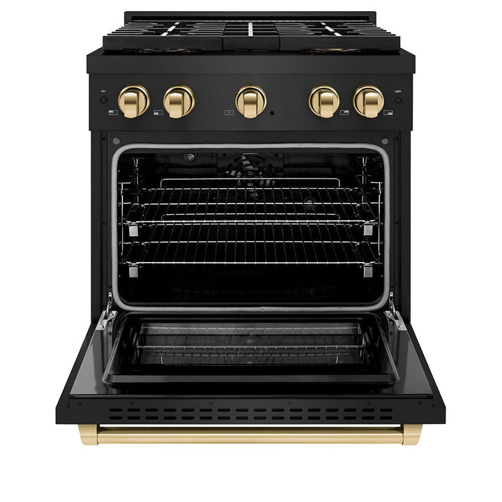 ZLINE Autograph Edition 30 in. 4.2 cu. ft. Paramount Dual Fuel Range with 4 Burner DuoProâ„¢ Cooktop and Electric Convection Oven in Black Stainless Steel and Polished Gold Accents (PSDRBZ-30-G)