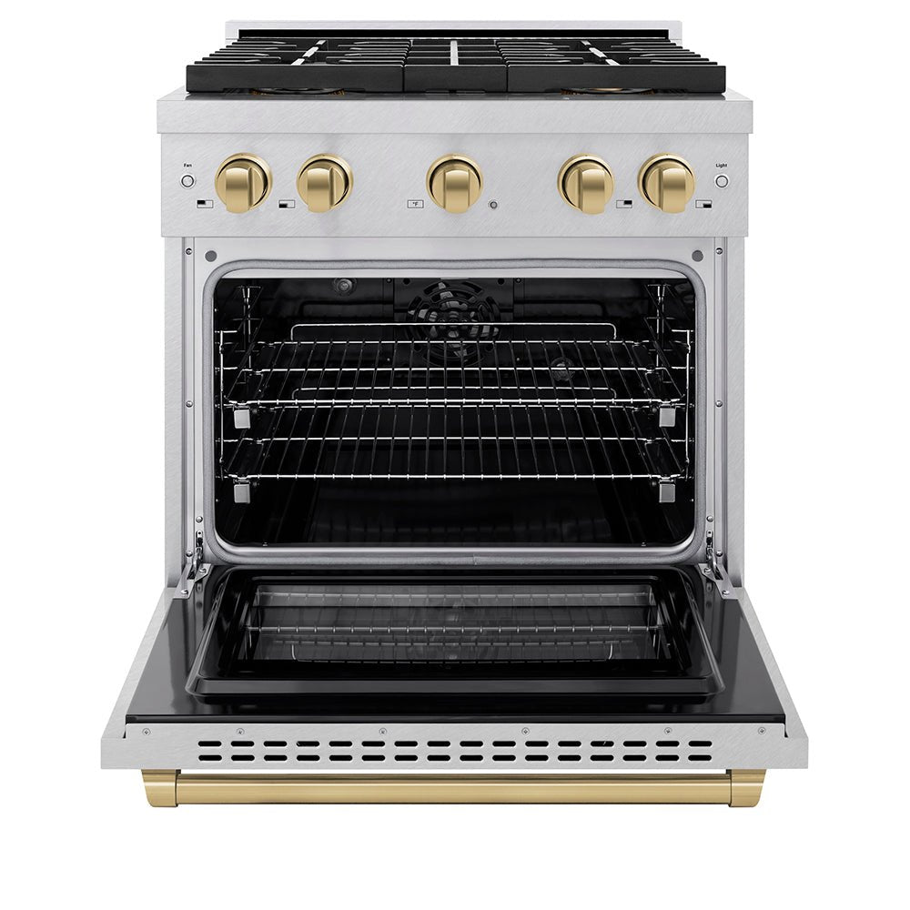 ZLINE Autograph Edition 30 in. 4.2 cu. ft. Paramount Dual Fuel Range with 4 Burner DuoProâ„¢ Cooktop and Electric Convection Oven in Satin Stainless Steel and Champagne Bronze Accents (PSDRSZ-30-CB)