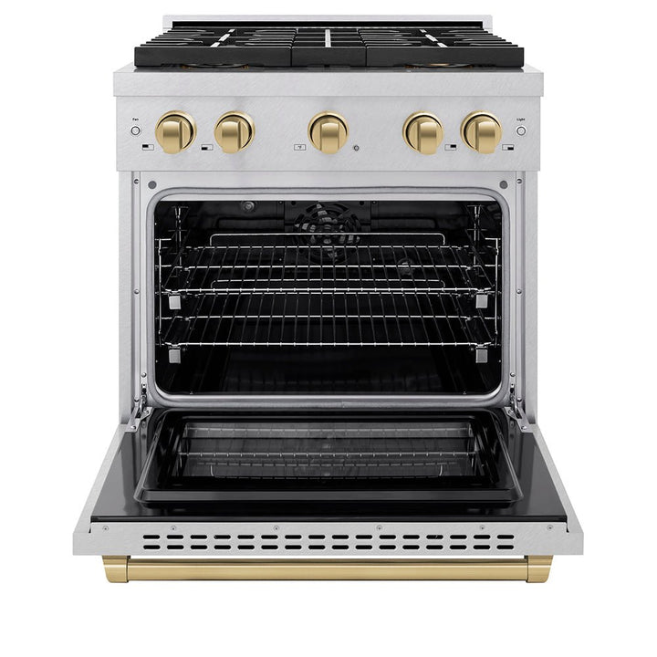 ZLINE Autograph Edition 30 in. 4.2 cu. ft. Paramount Dual Fuel Range with 4 Burner DuoProâ„¢ Cooktop and Electric Convection Oven in Satin Stainless Steel and Champagne Bronze Accents (PSDRSZ-30-CB)