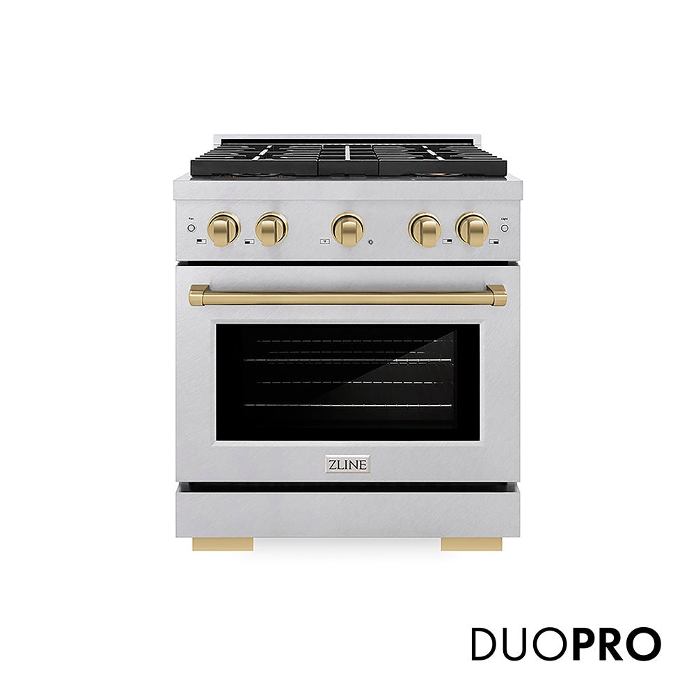 ZLINE Autograph Edition 30 in. 4.2 cu. ft. Paramount Dual Fuel Range with 4 Burner DuoProâ„¢ Cooktop and Electric Convection Oven in Satin Stainless Steel and Champagne Bronze Accents (PSDRSZ-30-CB)