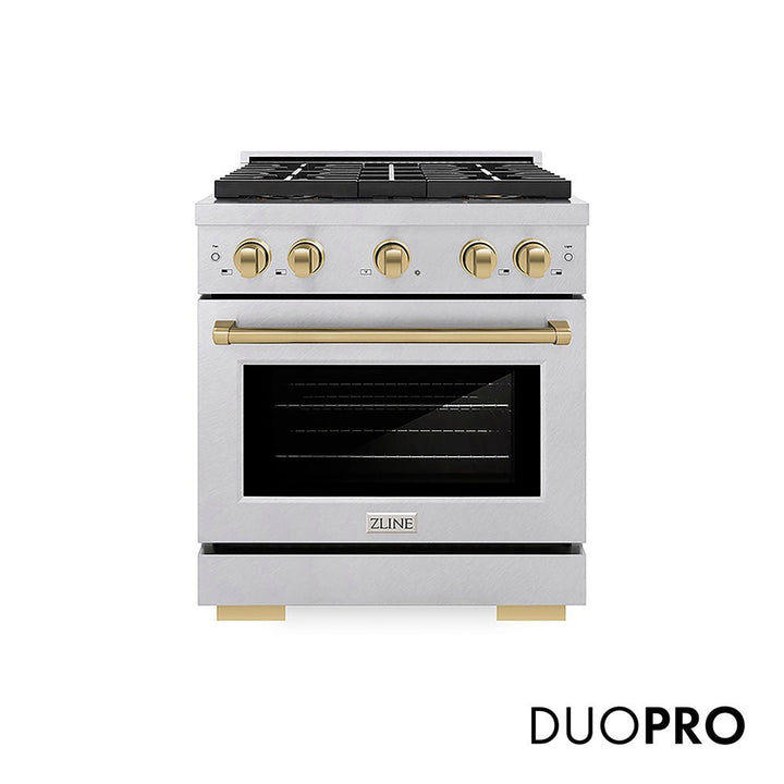ZLINE Autograph Edition 30 in. 4.2 cu. ft. Paramount Dual Fuel Range with 4 Burner DuoProâ„¢ Cooktop and Electric Convection Oven in Satin Stainless Steel and Champagne Bronze Accents (PSDRSZ-30-CB)