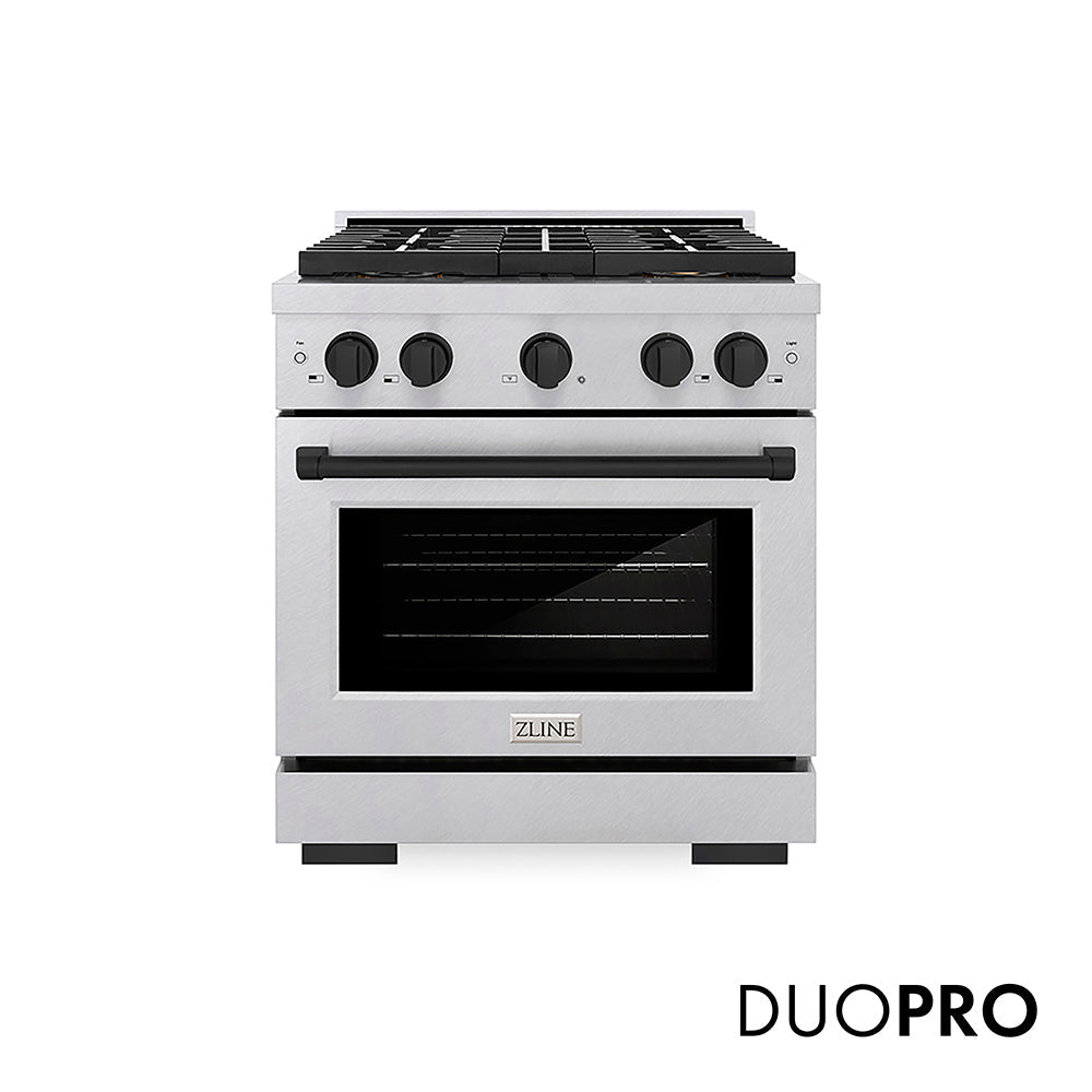 ZLINE Autograph Edition 30 in. 4.2 cu. ft. Paramount Dual Fuel Range with 4 Burner DuoProâ„¢ Cooktop and Electric Convection Oven in Satin Stainless Steel and Matte Black Accents (PSDRSZ-30-MB)