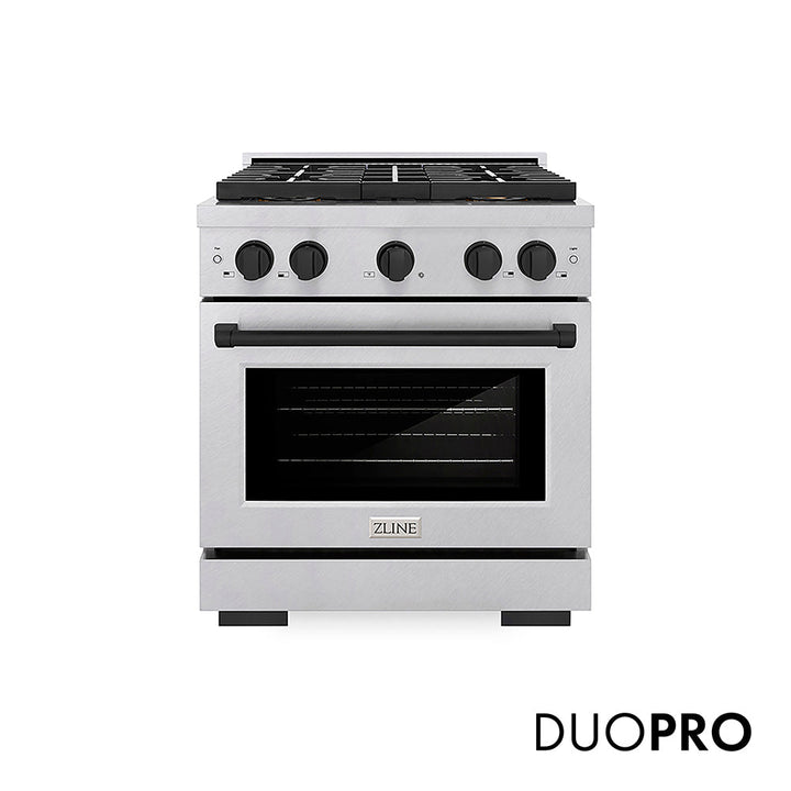 ZLINE Autograph Edition 30 in. 4.2 cu. ft. Paramount Dual Fuel Range with 4 Burner DuoProâ„¢ Cooktop and Electric Convection Oven in Satin Stainless Steel and Matte Black Accents (PSDRSZ-30-MB)