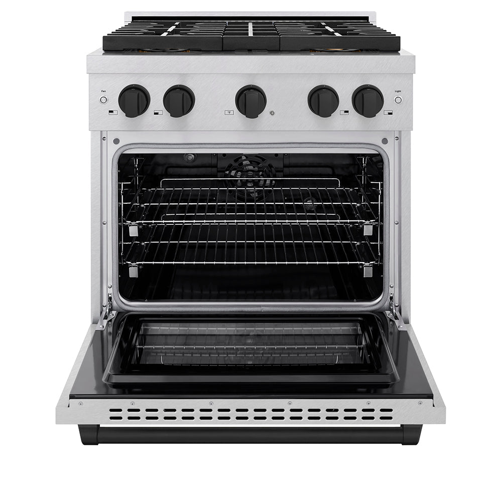 ZLINE Autograph Edition 30 in. 4.2 cu. ft. Paramount Dual Fuel Range with 4 Burner DuoProâ„¢ Cooktop and Electric Convection Oven in Satin Stainless Steel and Matte Black Accents (PSDRSZ-30-MB)