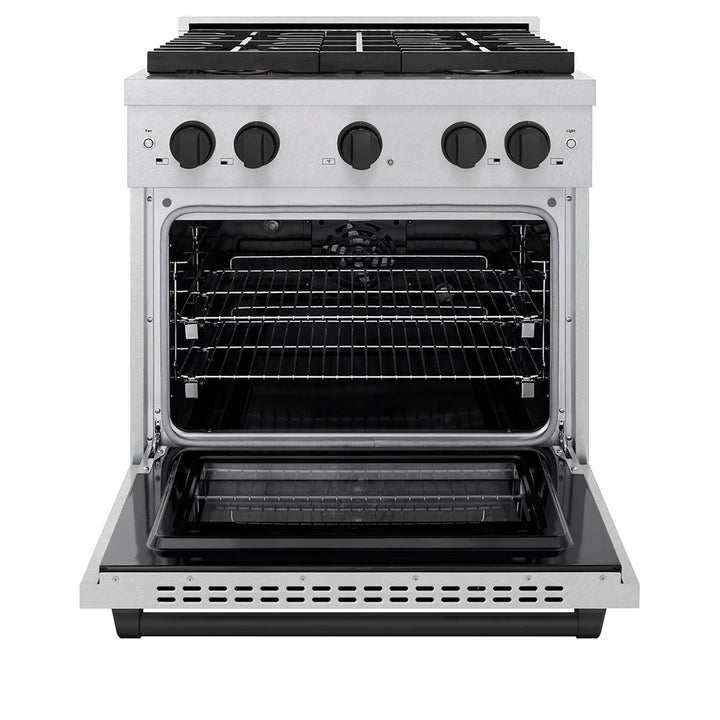 ZLINE Autograph Edition 30 in. 4.2 cu. ft. Paramount Dual Fuel Range with 4 Burner DuoProâ„¢ Cooktop and Electric Convection Oven in Satin Stainless Steel and Matte Black Accents (PSDRSZ-30-MB)