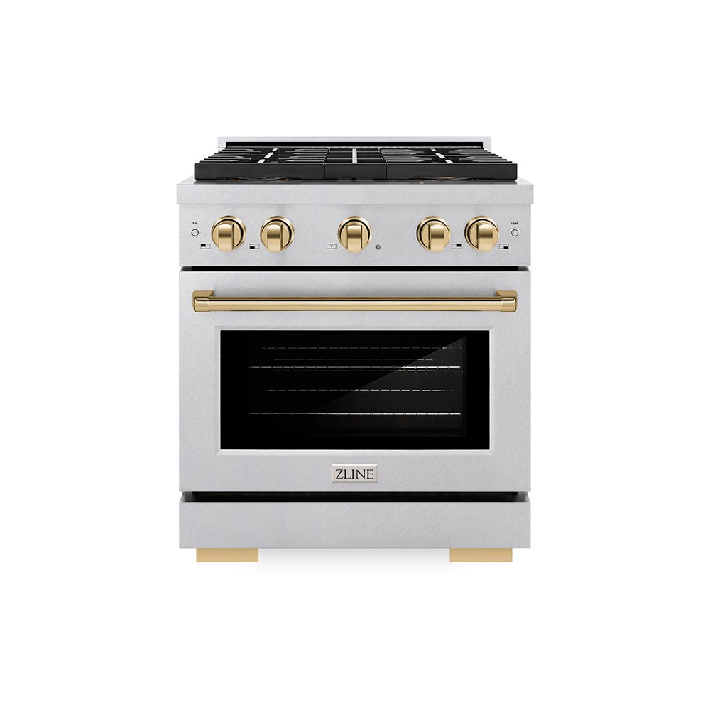 ZLINE Autograph Edition 30 in. 4.2 cu. ft. Paramount Dual Fuel Range with 4 Burner DuoProâ„¢ Cooktop and Electric Convection Oven in Satin Stainless Steel and Polished Gold Accents (PSDRSZ-30-G)