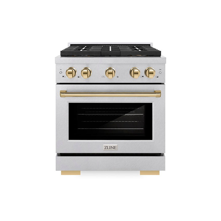ZLINE Autograph Edition 30 in. 4.2 cu. ft. Paramount Dual Fuel Range with 4 Burner DuoProâ„¢ Cooktop and Electric Convection Oven in Satin Stainless Steel and Polished Gold Accents (PSDRSZ-30-G)