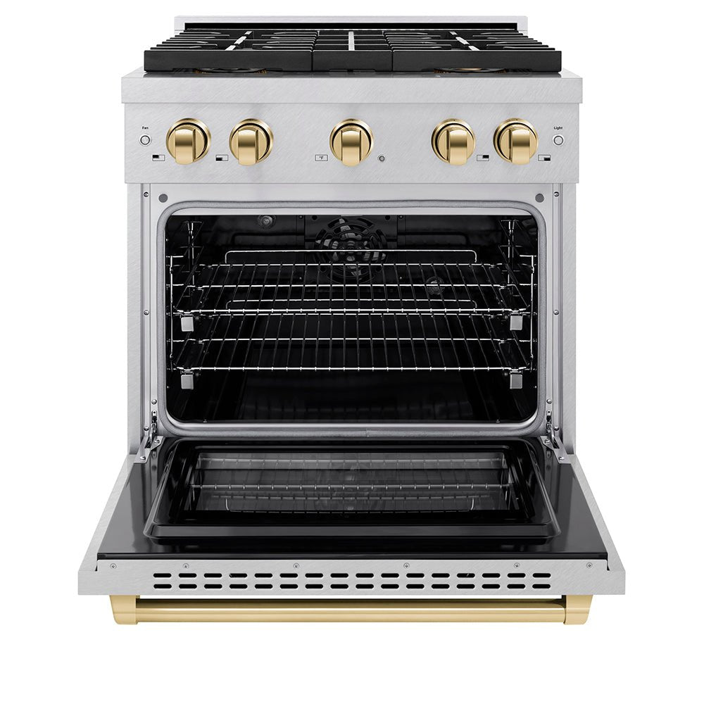 ZLINE Autograph Edition 30 in. 4.2 cu. ft. Paramount Dual Fuel Range with 4 Burner DuoProâ„¢ Cooktop and Electric Convection Oven in Satin Stainless Steel and Polished Gold Accents (PSDRSZ-30-G)