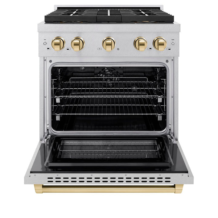 ZLINE Autograph Edition 30 in. 4.2 cu. ft. Paramount Dual Fuel Range with 4 Burner DuoProâ„¢ Cooktop and Electric Convection Oven in Satin Stainless Steel and Polished Gold Accents (PSDRSZ-30-G)