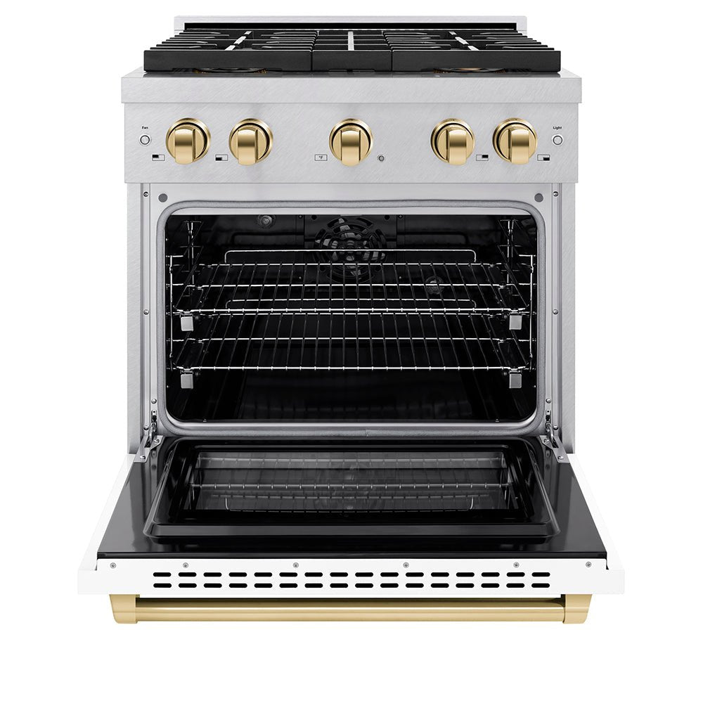 ZLINE Autograph Edition 30 in. 4.2 cu. ft. Paramount Dual Fuel Range with 4 Burner DuoProâ„¢ Cooktop and Electric Convection Oven in Satin Stainless Steel with White Matte Door and Polished Gold Accents (PSDRSZ-WM-30-G)
