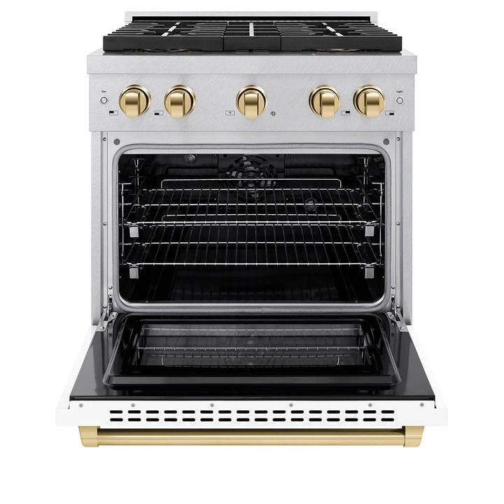 ZLINE Autograph Edition 30 in. 4.2 cu. ft. Paramount Dual Fuel Range with 4 Burner DuoProâ„¢ Cooktop and Electric Convection Oven in Satin Stainless Steel with White Matte Door and Polished Gold Accents (PSDRSZ-WM-30-G)