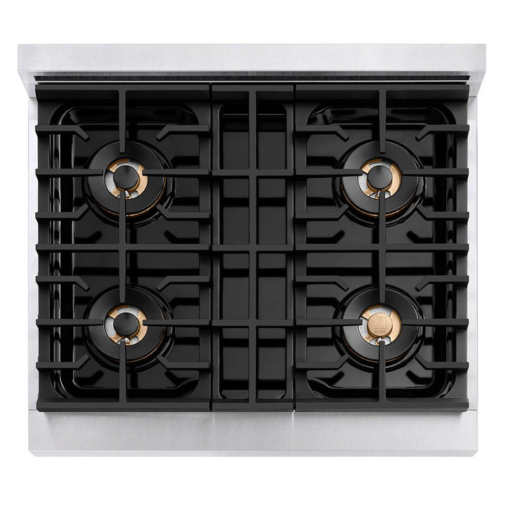 ZLINE Autograph Edition 30 in. 4.2 cu. ft. Paramount Dual Fuel Range with 4 Burner DuoProâ„¢ Cooktop and Electric Convection Oven in Satin Stainless Steel with White Matte Door and Champagne Bronze Accents (PSDRSZ-WM-30-CB)