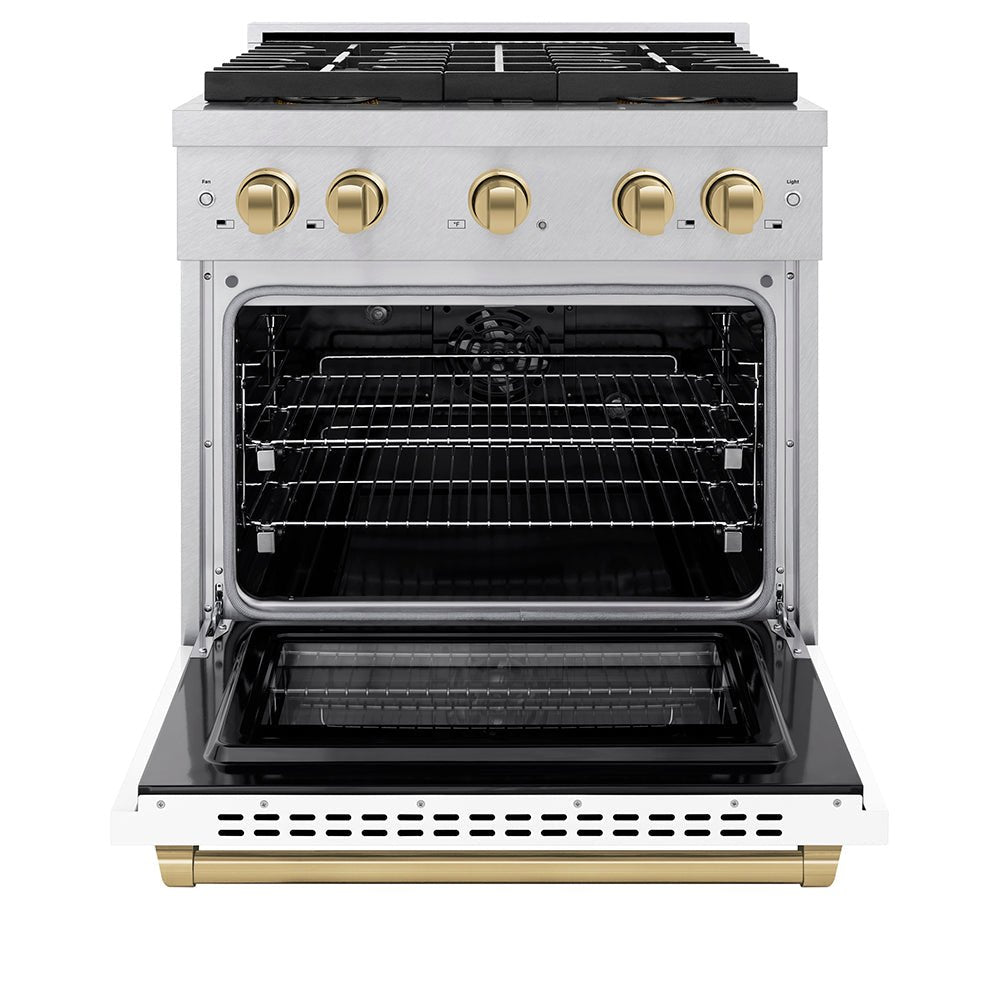 ZLINE Autograph Edition 30 in. 4.2 cu. ft. Paramount Dual Fuel Range with 4 Burner DuoProâ„¢ Cooktop and Electric Convection Oven in Satin Stainless Steel with White Matte Door and Champagne Bronze Accents (PSDRSZ-WM-30-CB)