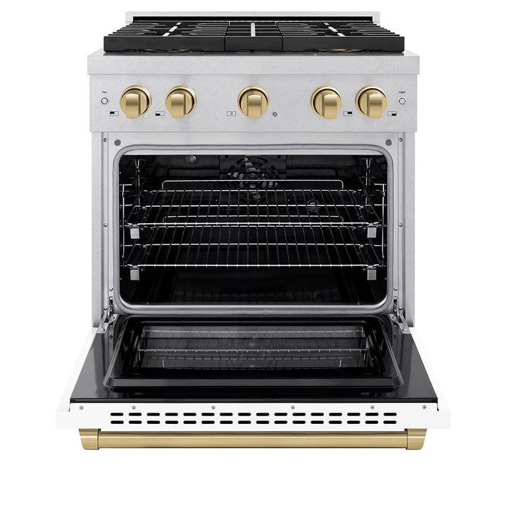 ZLINE Autograph Edition 30 in. 4.2 cu. ft. Paramount Dual Fuel Range with 4 Burner DuoProâ„¢ Cooktop and Electric Convection Oven in Satin Stainless Steel with White Matte Door and Champagne Bronze Accents (PSDRSZ-WM-30-CB)