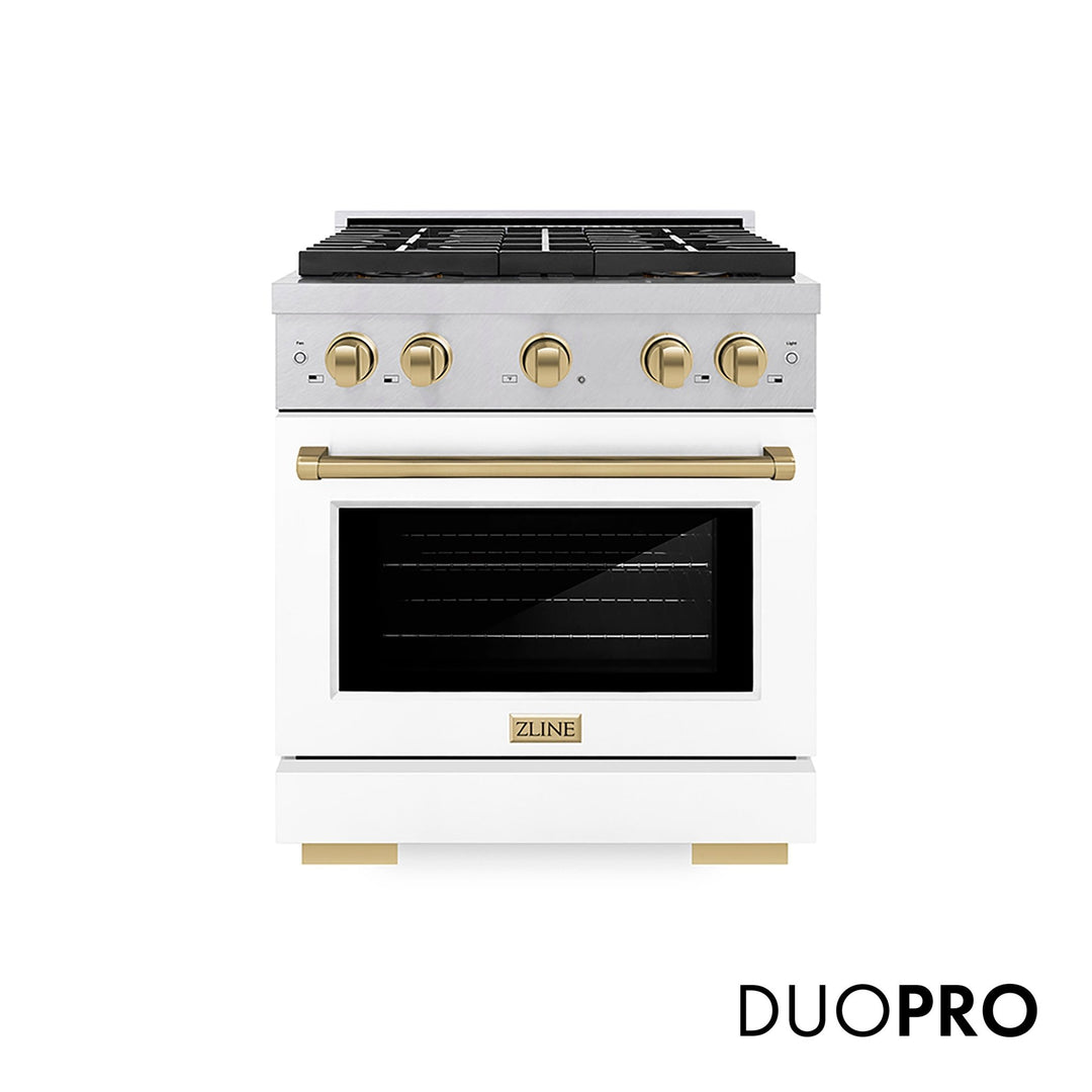 ZLINE Autograph Edition 30 in. 4.2 cu. ft. Paramount Dual Fuel Range with 4 Burner DuoProâ„¢ Cooktop and Electric Convection Oven in Satin Stainless Steel with White Matte Door and Champagne Bronze Accents (PSDRSZ-WM-30-CB)