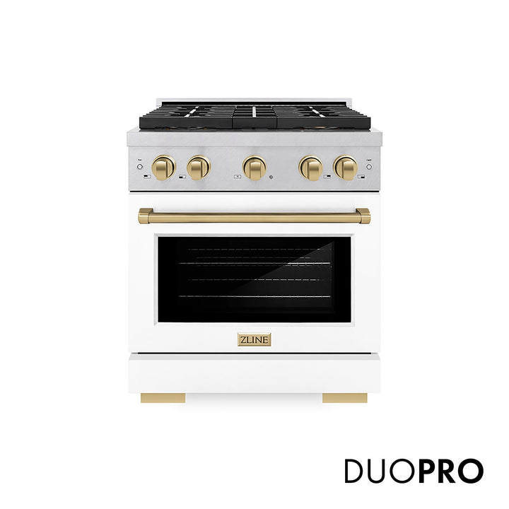 ZLINE Autograph Edition 30 in. 4.2 cu. ft. Paramount Dual Fuel Range with 4 Burner DuoProâ„¢ Cooktop and Electric Convection Oven in Satin Stainless Steel with White Matte Door and Champagne Bronze Accents (PSDRSZ-WM-30-CB)