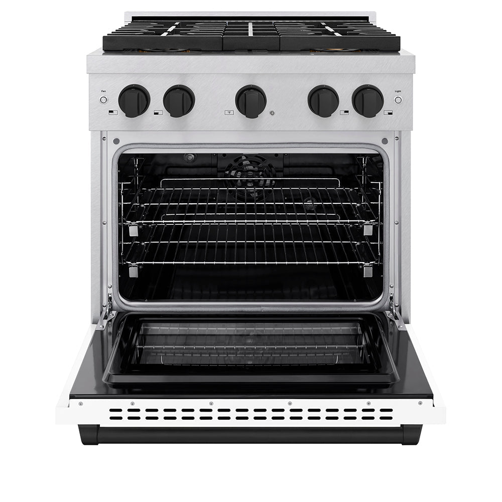 ZLINE Autograph Edition 30 in. 4.2 cu. ft. Paramount Dual Fuel Range with 4 Burner DuoProâ„¢ Cooktop and Electric Convection Oven in Satin Stainless Steel with White Matte Door and Matte Black Accents (PSDRSZ-WM-30-MB)