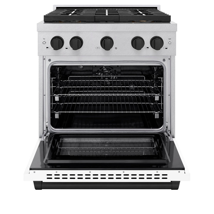 ZLINE Autograph Edition 30 in. 4.2 cu. ft. Paramount Dual Fuel Range with 4 Burner DuoProâ„¢ Cooktop and Electric Convection Oven in Satin Stainless Steel with White Matte Door and Matte Black Accents (PSDRSZ-WM-30-MB)