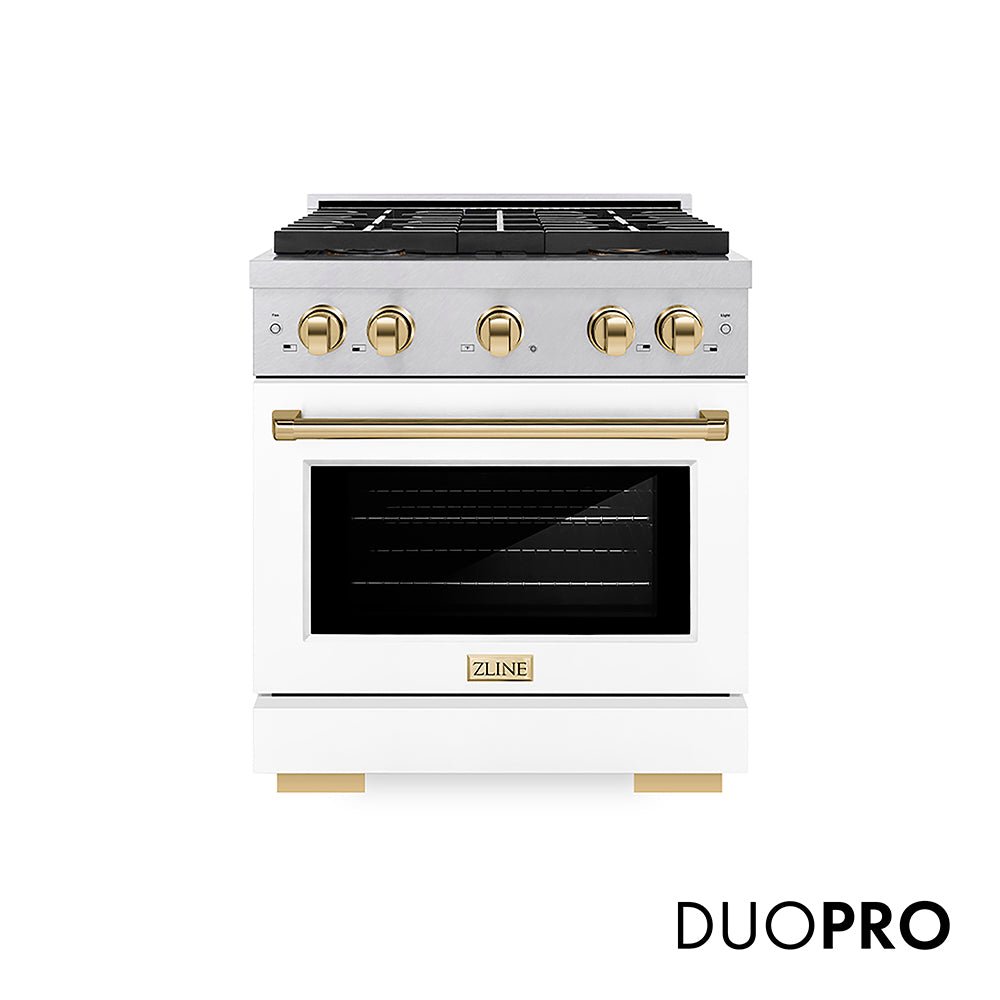 ZLINE Autograph Edition 30 in. 4.2 cu. ft. Paramount Dual Fuel Range with 4 Burner DuoProâ„¢ Cooktop and Electric Convection Oven in Satin Stainless Steel with White Matte Door and Polished Gold Accents (PSDRSZ-WM-30-G)