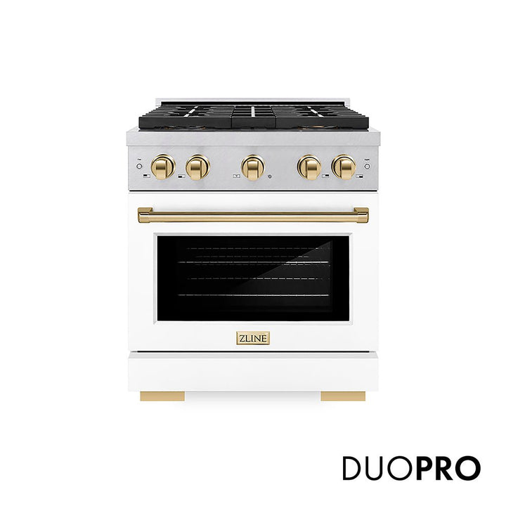 ZLINE Autograph Edition 30 in. 4.2 cu. ft. Paramount Dual Fuel Range with 4 Burner DuoProâ„¢ Cooktop and Electric Convection Oven in Satin Stainless Steel with White Matte Door and Polished Gold Accents (PSDRSZ-WM-30-G)