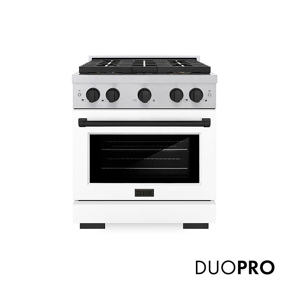 ZLINE Autograph Edition 30 in. 4.2 cu. ft. Paramount Dual Fuel Range with 4 Burner DuoProâ„¢ Cooktop and Electric Convection Oven in Satin Stainless Steel with White Matte Door and Matte Black Accents (PSDRSZ-WM-30-MB)