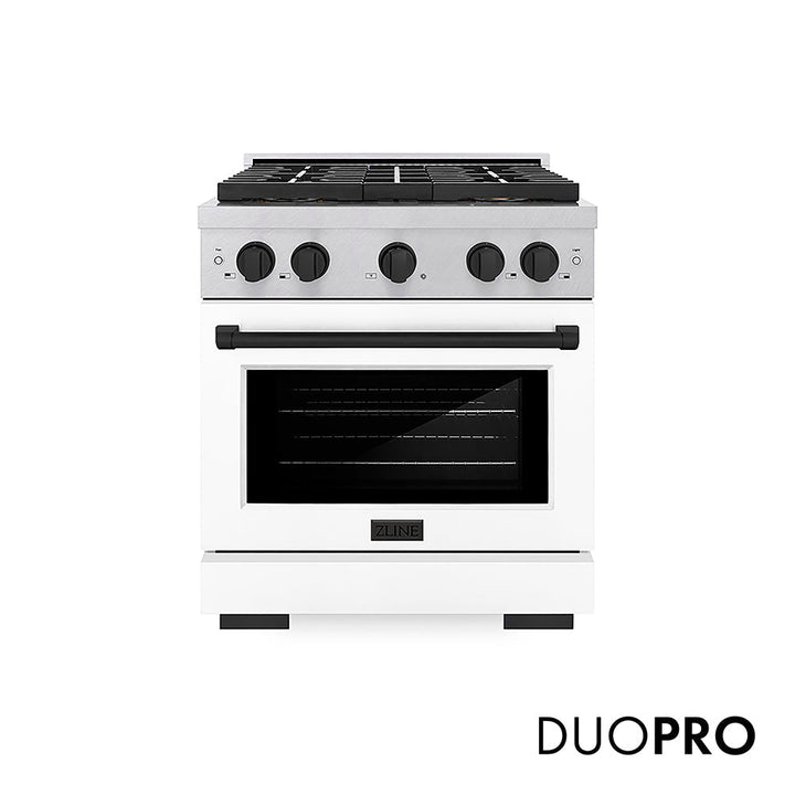 ZLINE Autograph Edition 30 in. 4.2 cu. ft. Paramount Dual Fuel Range with 4 Burner DuoProâ„¢ Cooktop and Electric Convection Oven in Satin Stainless Steel with White Matte Door and Matte Black Accents (PSDRSZ-WM-30-MB)