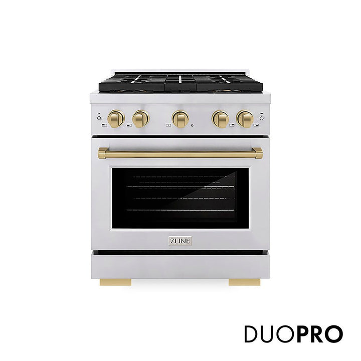 ZLINE Autograph Edition 30 in. 4.2 cu. ft. Paramount Dual Fuel Range with 4 Burner DuoProâ„¢ Cooktop and Electric Convection Oven in Stainless Steel with Champagne Bronze Accents (PSDRZ-30-CB)
