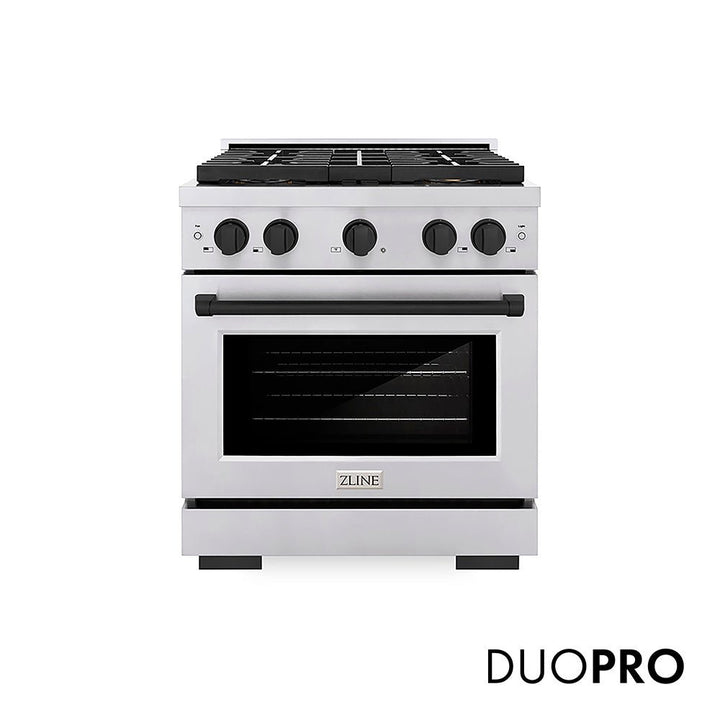 ZLINE Autograph Edition 30 in. 4.2 cu. ft. Paramount Dual Fuel Range with 4 Burner DuoProâ„¢ Cooktop and Electric Convection Oven in Stainless Steel with Matte Black Accents (PSDRZ-30-MB)