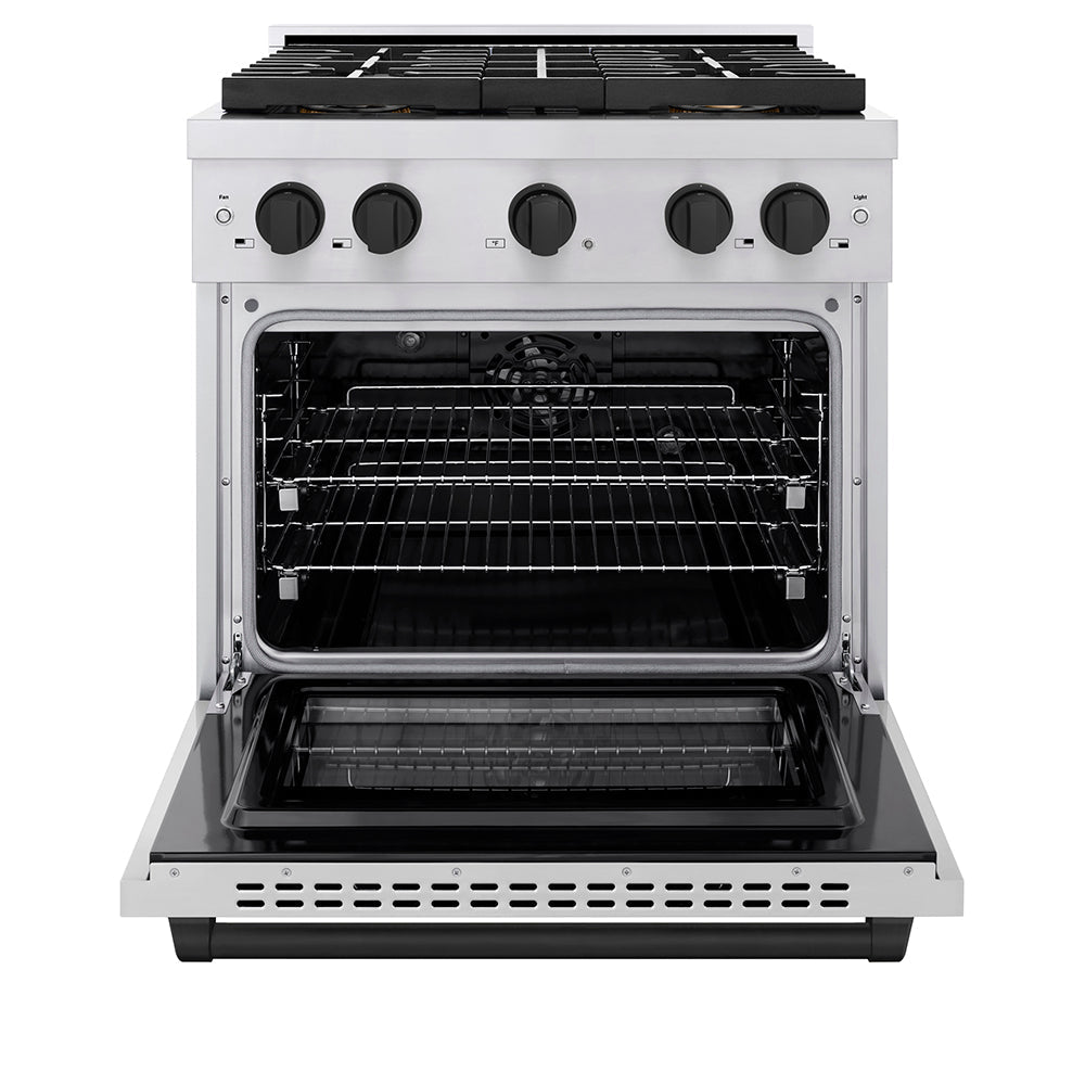 ZLINE Autograph Edition 30 in. 4.2 cu. ft. Paramount Dual Fuel Range with 4 Burner DuoProâ„¢ Cooktop and Electric Convection Oven in Stainless Steel with Matte Black Accents (PSDRZ-30-MB)