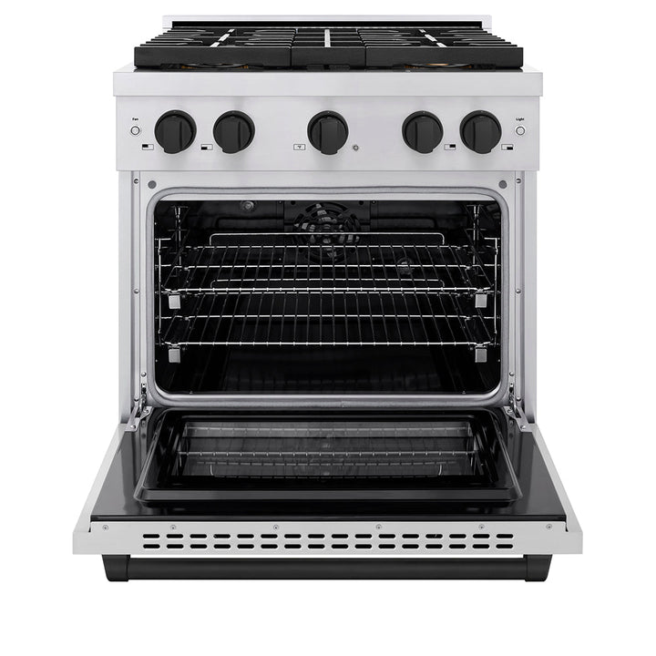 ZLINE Autograph Edition 30 in. 4.2 cu. ft. Paramount Dual Fuel Range with 4 Burner DuoProâ„¢ Cooktop and Electric Convection Oven in Stainless Steel with Matte Black Accents (PSDRZ-30-MB)