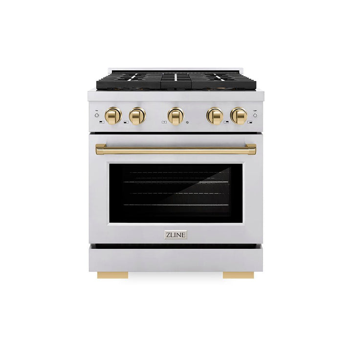 ZLINE Autograph Edition 30 in. 4.2 cu. ft. Paramount Dual Fuel Range with 4 Burner DuoProâ„¢ Cooktop and Electric Convection Oven in Stainless Steel with Polished Gold Accents (PSDRZ-30-G)