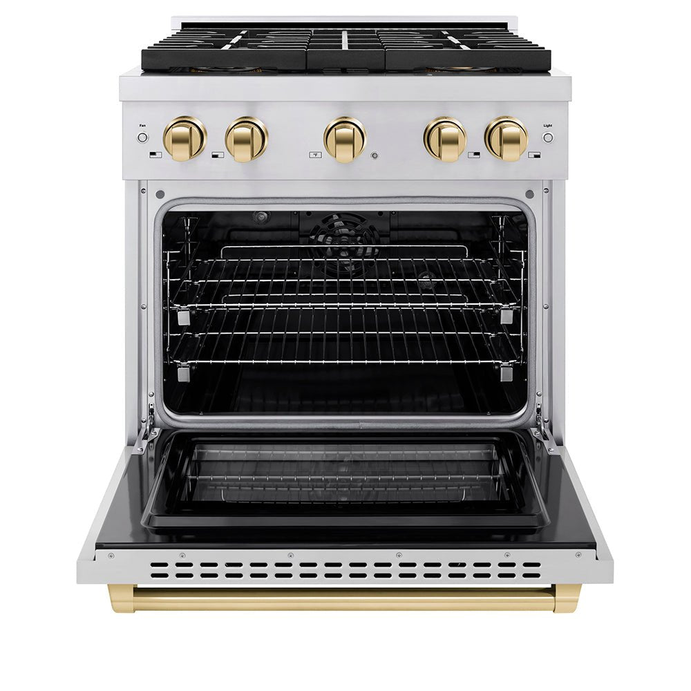 ZLINE Autograph Edition 30 in. 4.2 cu. ft. Paramount Dual Fuel Range with 4 Burner DuoProâ„¢ Cooktop and Electric Convection Oven in Stainless Steel with Polished Gold Accents (PSDRZ-30-G)