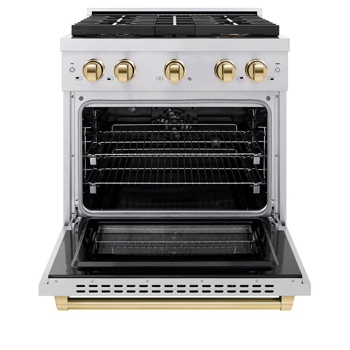 ZLINE Autograph Edition 30 in. 4.2 cu. ft. Paramount Dual Fuel Range with 4 Burner DuoProâ„¢ Cooktop and Electric Convection Oven in Stainless Steel with Polished Gold Accents (PSDRZ-30-G)
