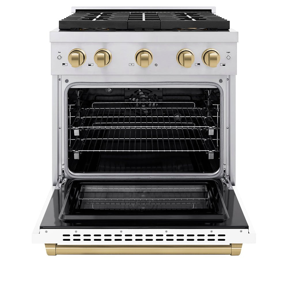 ZLINE Autograph Edition 30 in. 4.2 cu. ft. Paramount Dual Fuel Range with 4 Burner DuoProâ„¢ Cooktop and Electric Convection Oven in Stainless Steel with White Matte Door and Champagne Bronze Accents (PSDRZ-WM-30-CB)