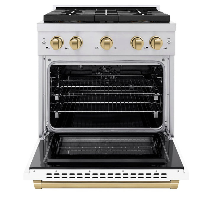 ZLINE Autograph Edition 30 in. 4.2 cu. ft. Paramount Dual Fuel Range with 4 Burner DuoProâ„¢ Cooktop and Electric Convection Oven in Stainless Steel with White Matte Door and Champagne Bronze Accents (PSDRZ-WM-30-CB)