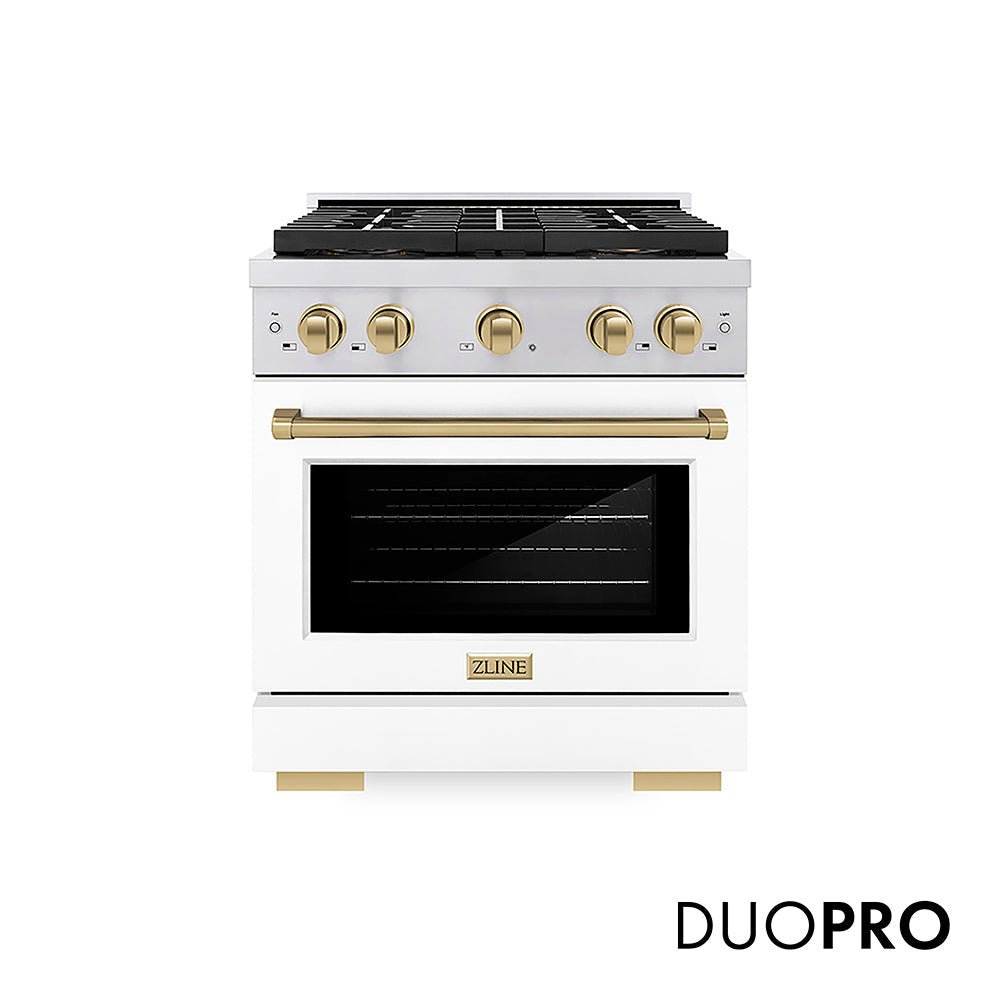 ZLINE Autograph Edition 30 in. 4.2 cu. ft. Paramount Dual Fuel Range with 4 Burner DuoProâ„¢ Cooktop and Electric Convection Oven in Stainless Steel with White Matte Door and Champagne Bronze Accents (PSDRZ-WM-30-CB)