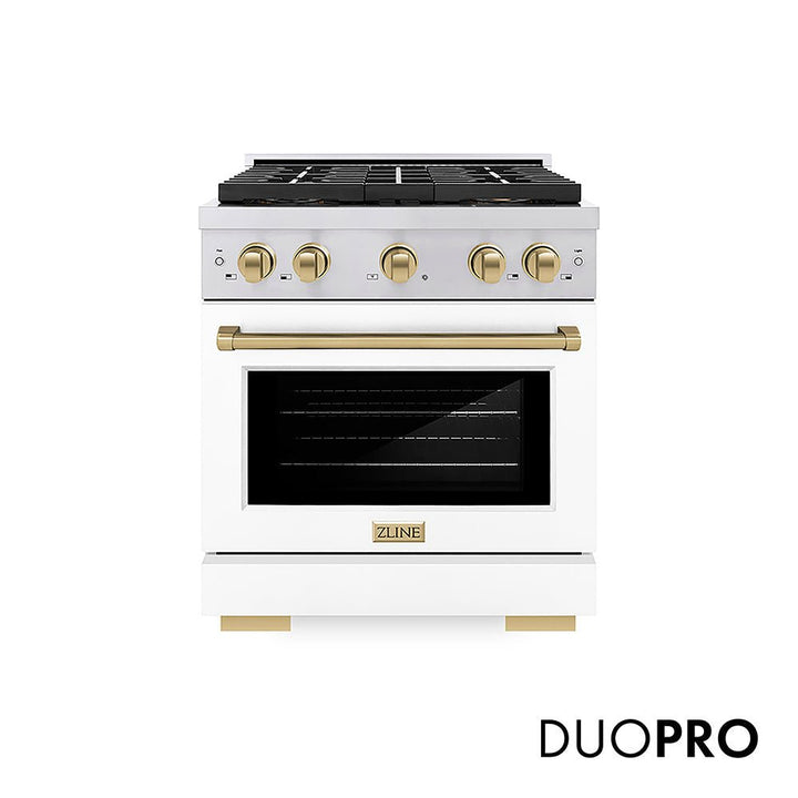 ZLINE Autograph Edition 30 in. 4.2 cu. ft. Paramount Dual Fuel Range with 4 Burner DuoProâ„¢ Cooktop and Electric Convection Oven in Stainless Steel with White Matte Door and Champagne Bronze Accents (PSDRZ-WM-30-CB)
