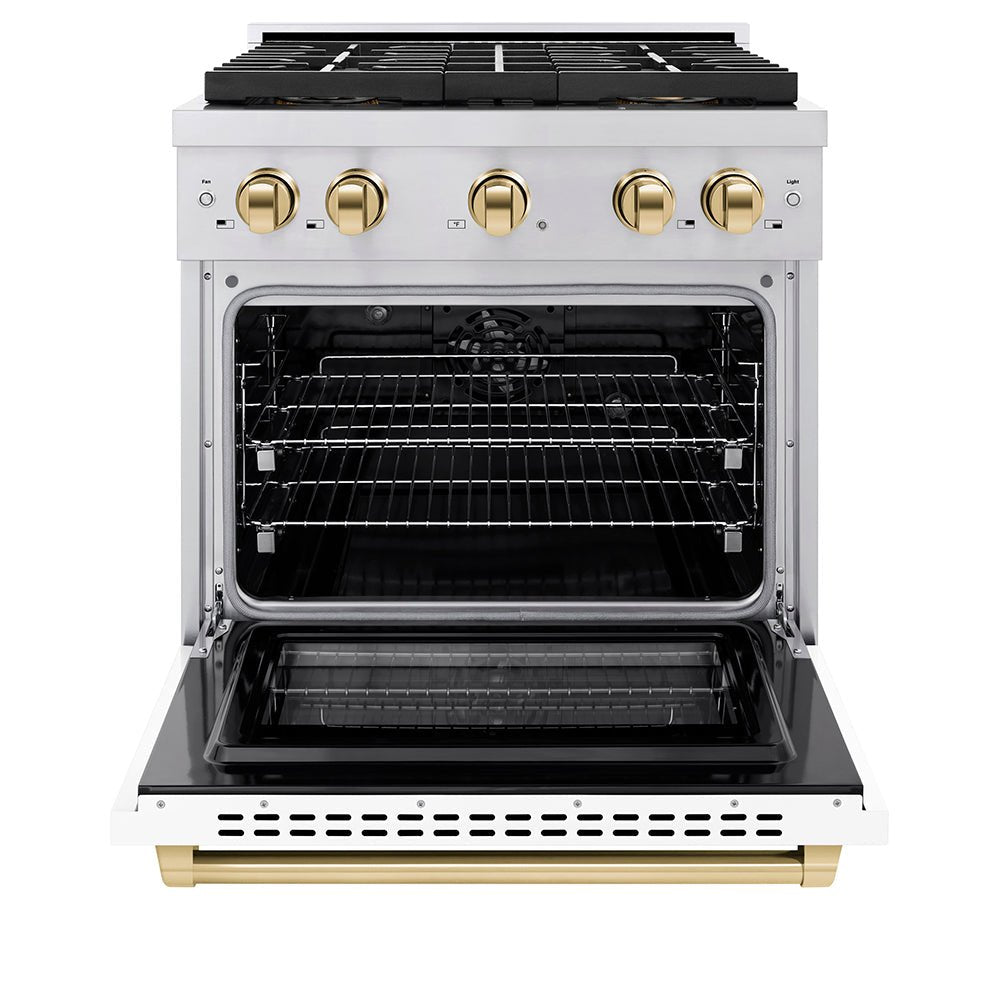 ZLINE Autograph Edition 30 in. 4.2 cu. ft. Paramount Dual Fuel Range with 4 Burner DuoProâ„¢ Cooktop and Electric Convection Oven in Stainless Steel with White Matte Door and Polished Gold Accents (PSDRZ-WM-30-G)