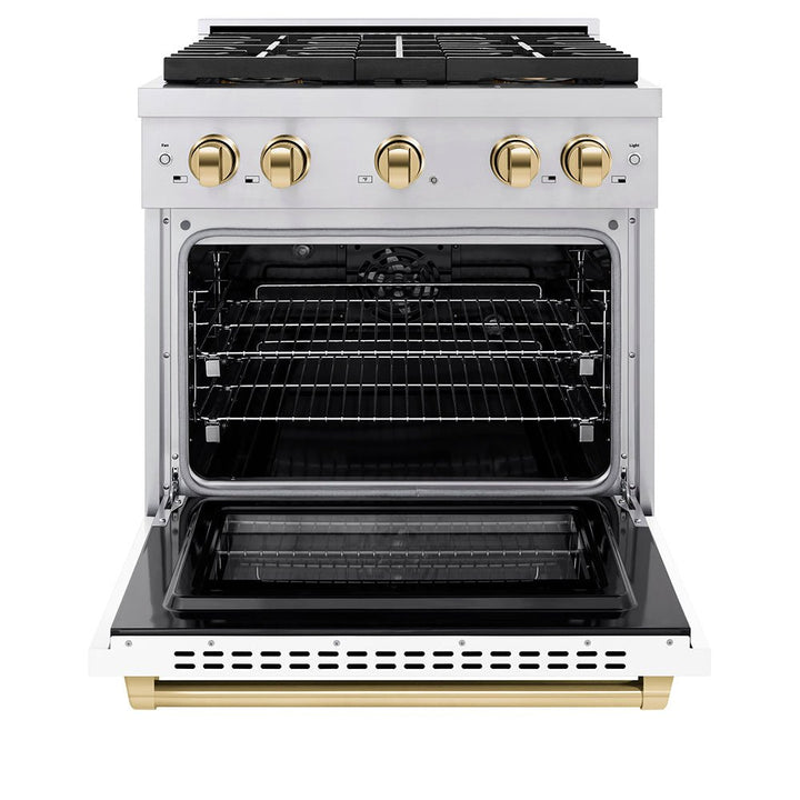 ZLINE Autograph Edition 30 in. 4.2 cu. ft. Paramount Dual Fuel Range with 4 Burner DuoProâ„¢ Cooktop and Electric Convection Oven in Stainless Steel with White Matte Door and Polished Gold Accents (PSDRZ-WM-30-G)