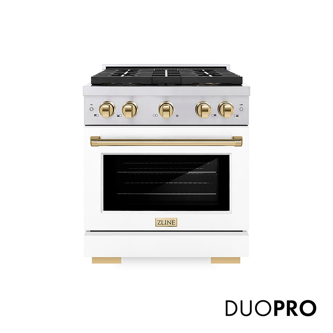 ZLINE Autograph Edition 30 in. 4.2 cu. ft. Paramount Dual Fuel Range with 4 Burner DuoProâ„¢ Cooktop and Electric Convection Oven in Stainless Steel with White Matte Door and Polished Gold Accents (PSDRZ-WM-30-G)