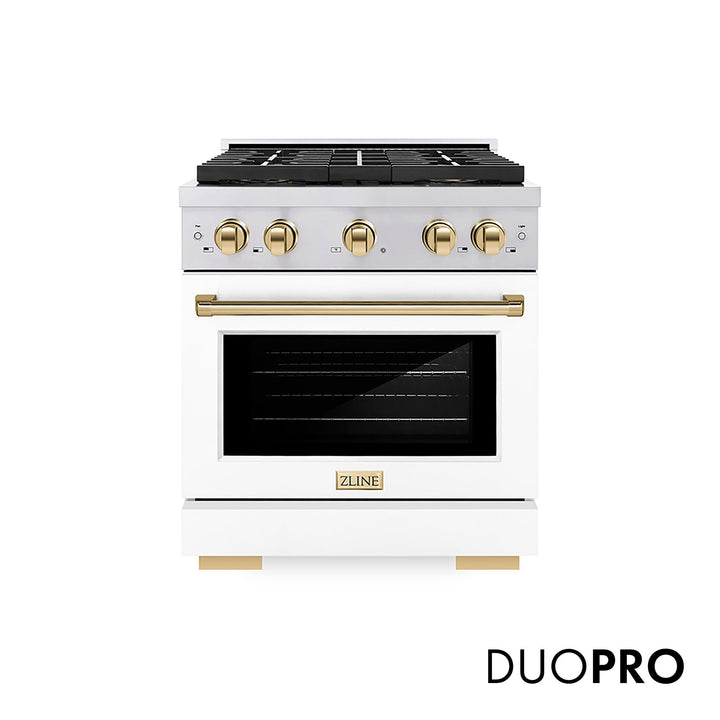 ZLINE Autograph Edition 30 in. 4.2 cu. ft. Paramount Dual Fuel Range with 4 Burner DuoProâ„¢ Cooktop and Electric Convection Oven in Stainless Steel with White Matte Door and Polished Gold Accents (PSDRZ-WM-30-G)