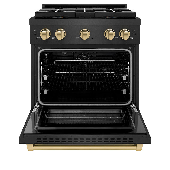 ZLINE Autograph Edition 30 in. 4.2 cu. ft. Paramount Dual Fuel Range with 4 Burner Gas Cooktop and Electric Convection Oven in Black Satin Stainless Steel with Champagne Bronze Accents (SDRBSZ-30-CB)