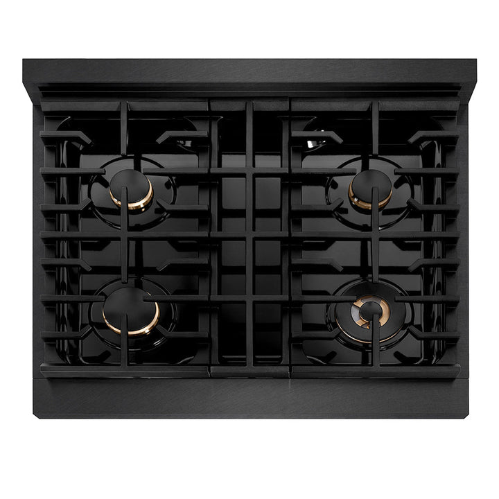 ZLINE Autograph Edition 30 in. 4.2 cu. ft. Paramount Dual Fuel Range with 4 Burner Gas Cooktop and Electric Convection Oven in Black Satin Stainless Steel with Champagne Bronze Accents (SDRBSZ-30-CB)