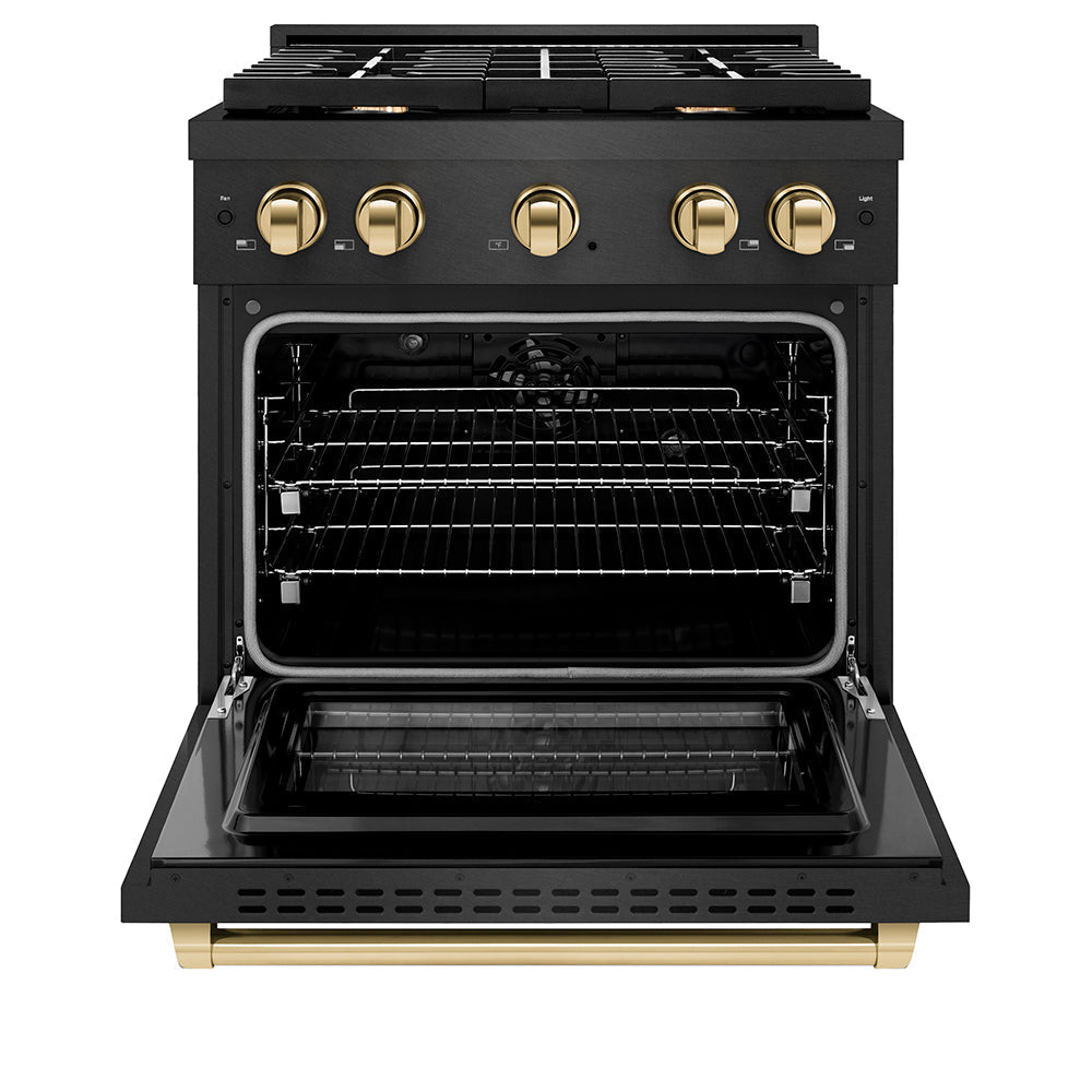 ZLINE Autograph Edition 30 in. 4.2 cu. ft. Paramount Dual Fuel Range with 4 Burner Gas Cooktop and Electric Convection Oven in Black Satin Stainless Steel with Polished Gold Accents (SDRBSZ-30-G)