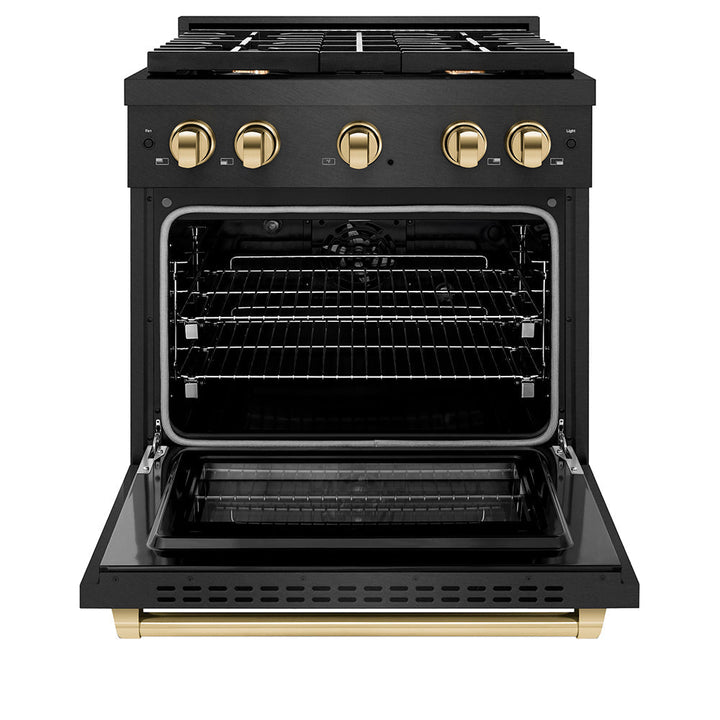 ZLINE Autograph Edition 30 in. 4.2 cu. ft. Paramount Dual Fuel Range with 4 Burner Gas Cooktop and Electric Convection Oven in Black Satin Stainless Steel with Polished Gold Accents (SDRBSZ-30-G)