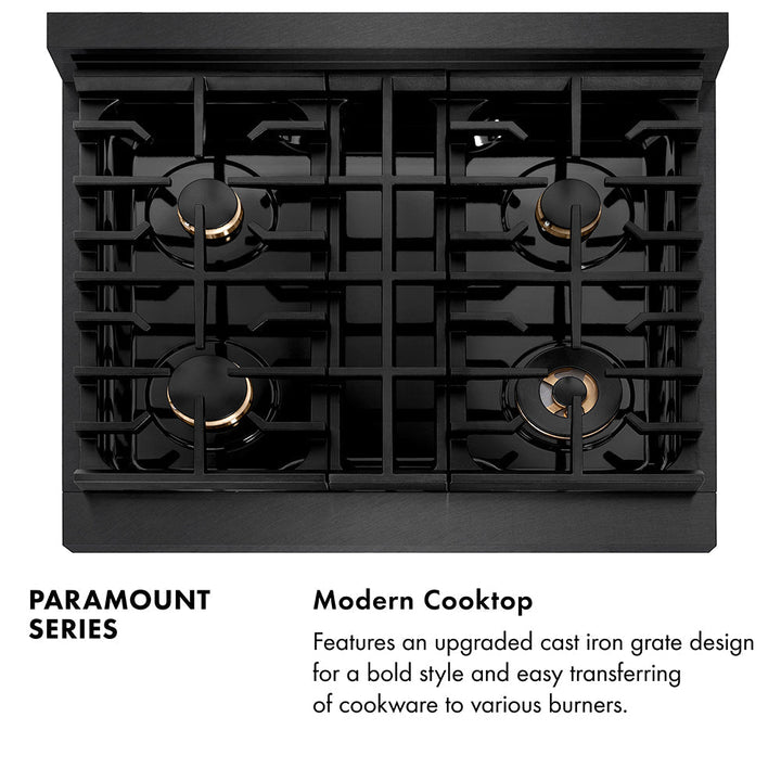 ZLINE Autograph Edition 30 in. 4.2 cu. ft. Paramount Dual Fuel Range with 4 Burner Gas Cooktop and Electric Convection Oven in Black Satin Stainless Steel with Polished Gold Accents (SDRBSZ-30-G)