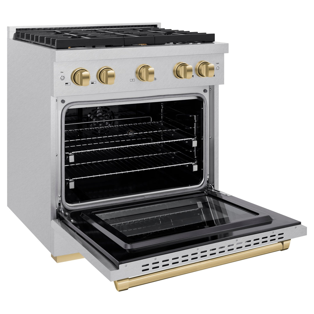 ZLINE Autograph Edition 30 in. 4.2 cu. ft. Paramount Dual Fuel Range with 4 Burner Gas Cooktop and Electric Convection Oven in Satin Stainless Steel with Champagne Bronze Accents (SDRSZ-30-CB)